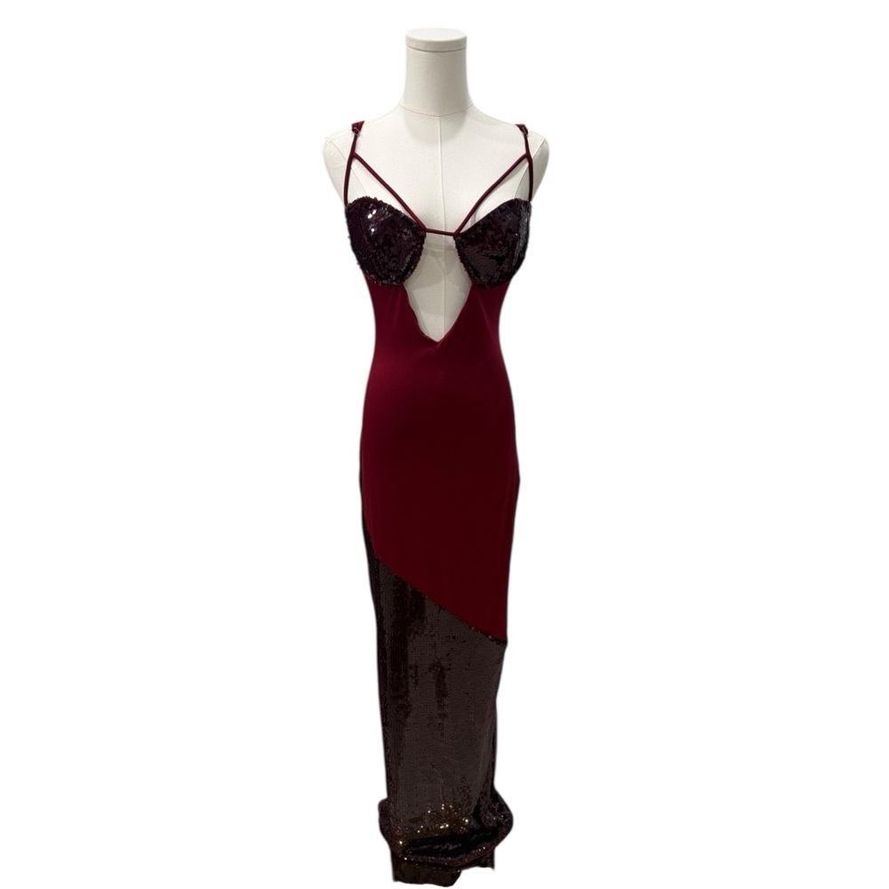 Ego Official Burgundy Sequin Asymmetrical Gown Size US 10 Formal Luxury Gala